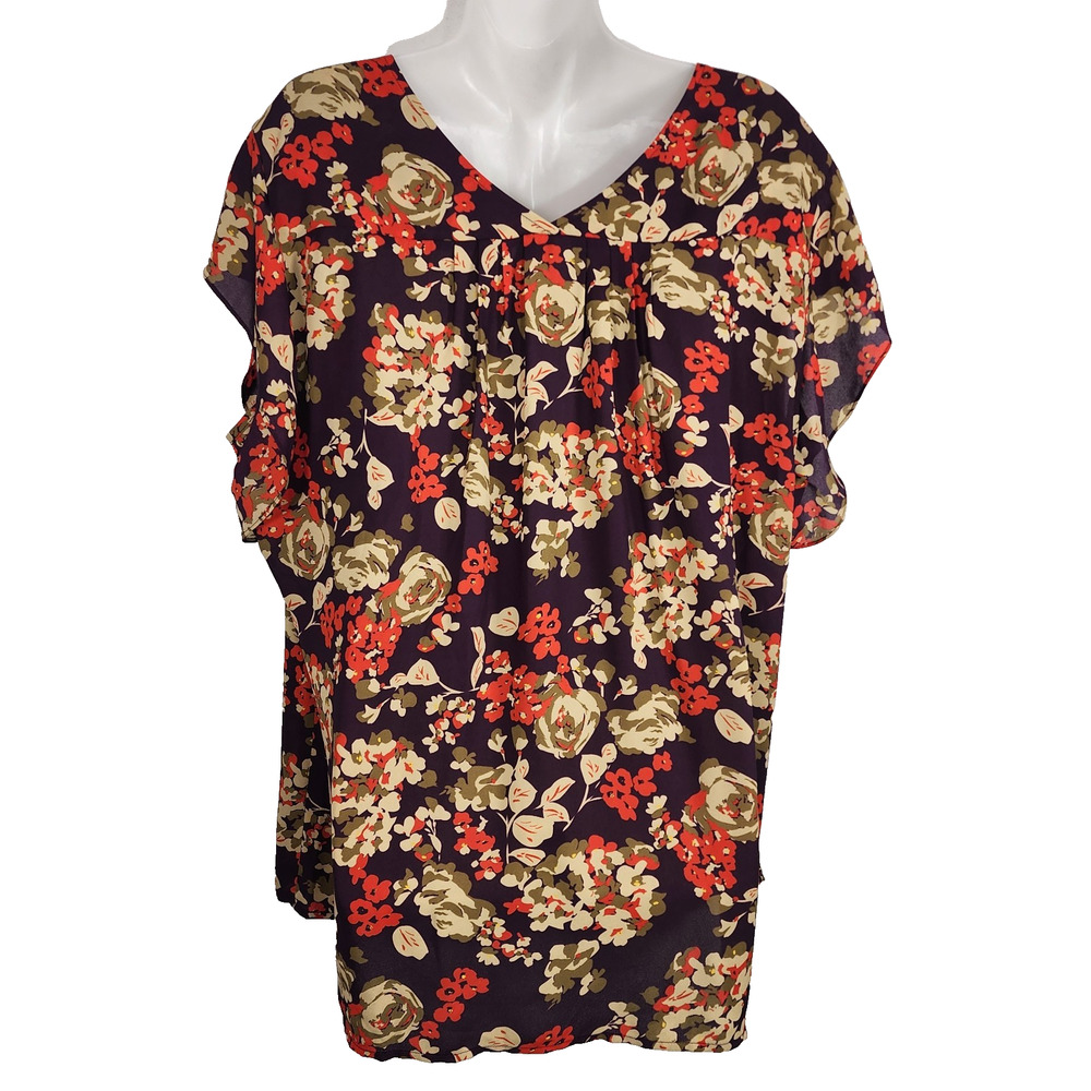 Cabi Womens A La Mode Top XXL Multicolor Floral V Neck Flutter Sleeve Pleated - Picture 2 of 10